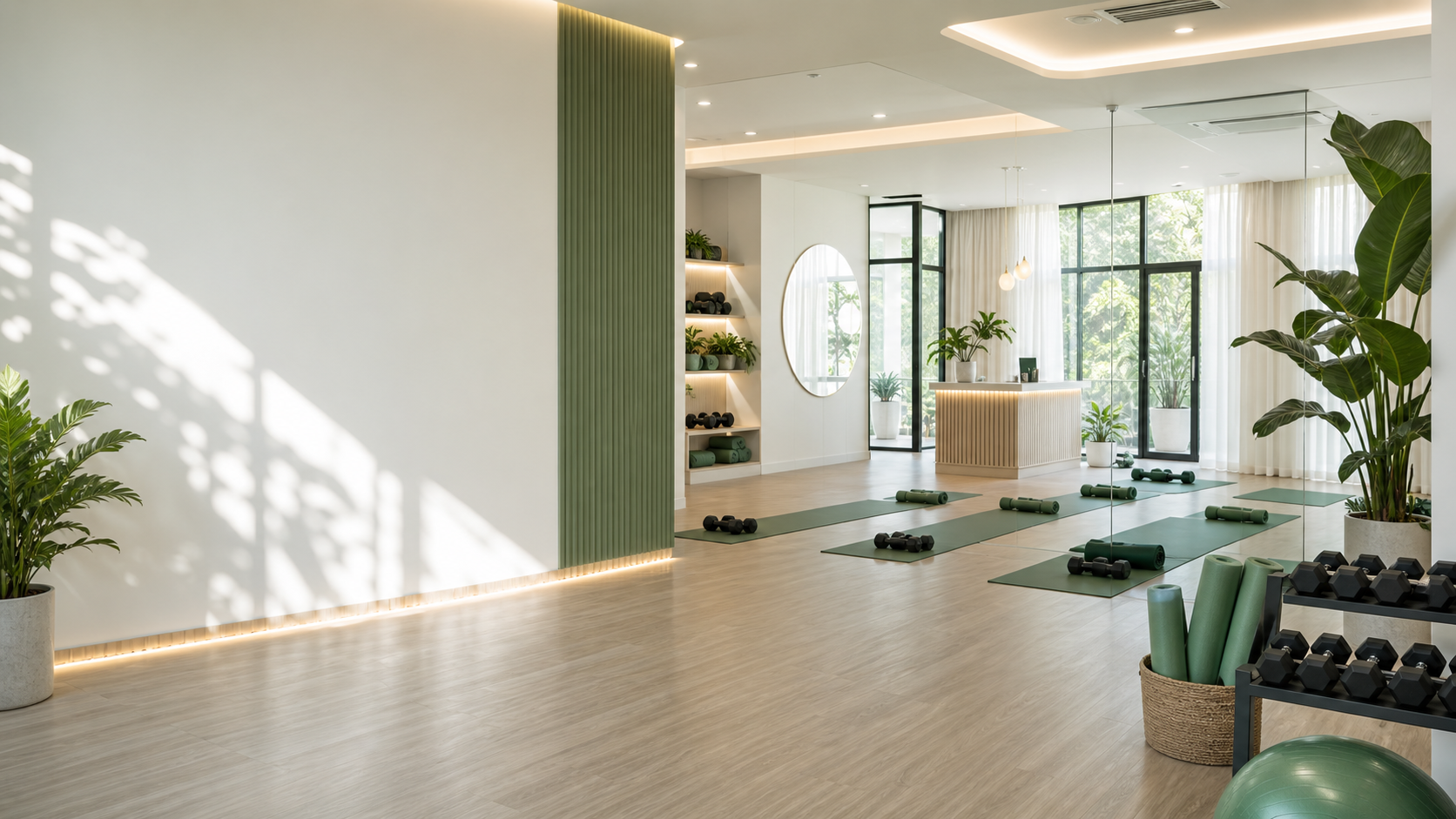 Studio fitness khusus akhwat yang modern dan kosong dengan perlengkapan latihan